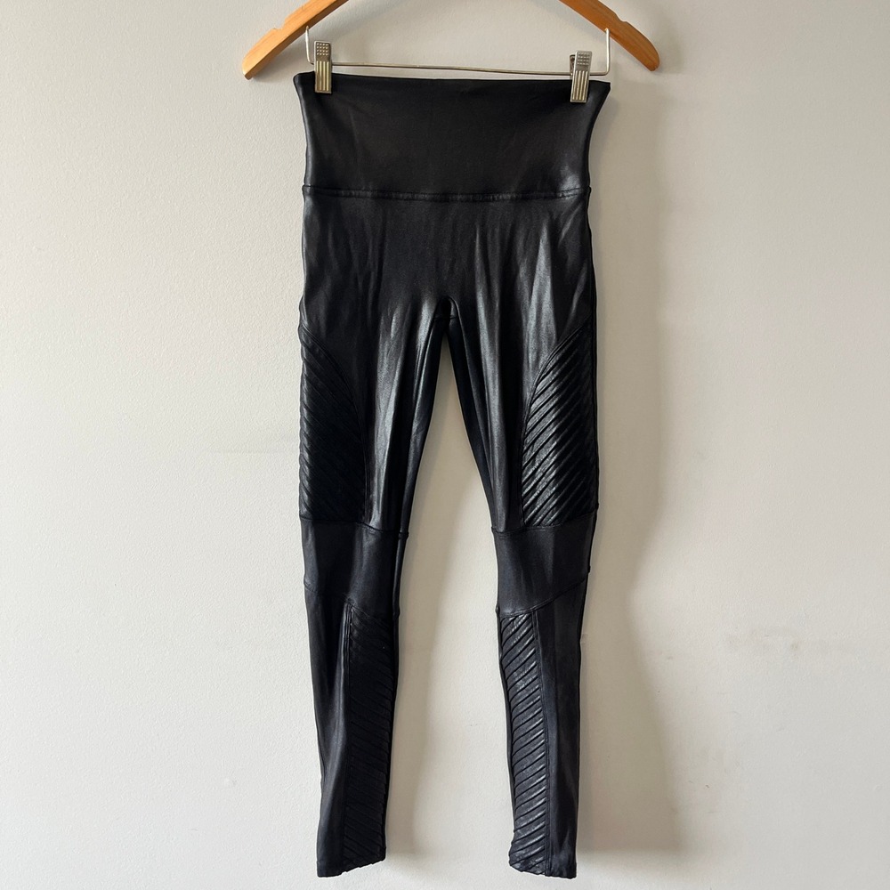 Spanx Faux Leather Moto Leggings Biker Black Medium High Waist Shaping